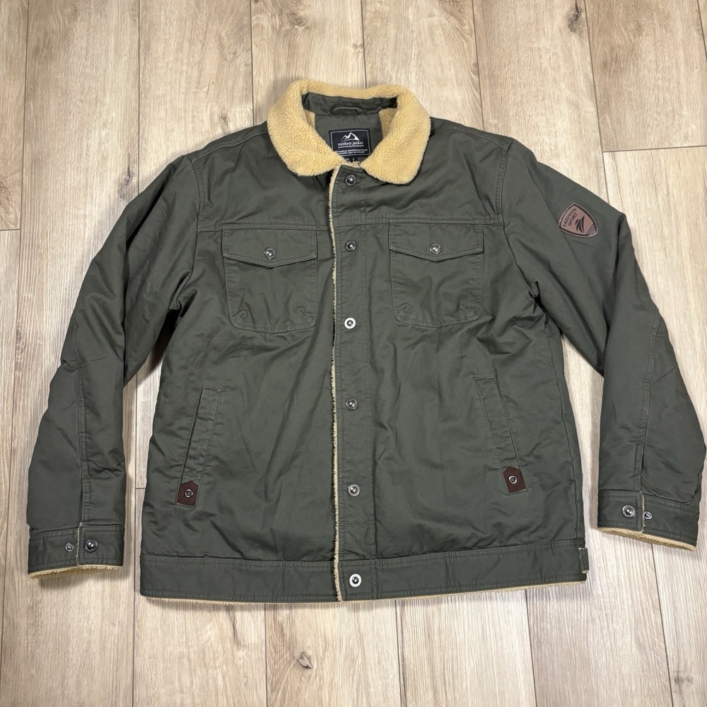 FASHION SPORT Mens Green Sherpa Fleece Outdoor Cargo Work Jacket Coat Large‎ L